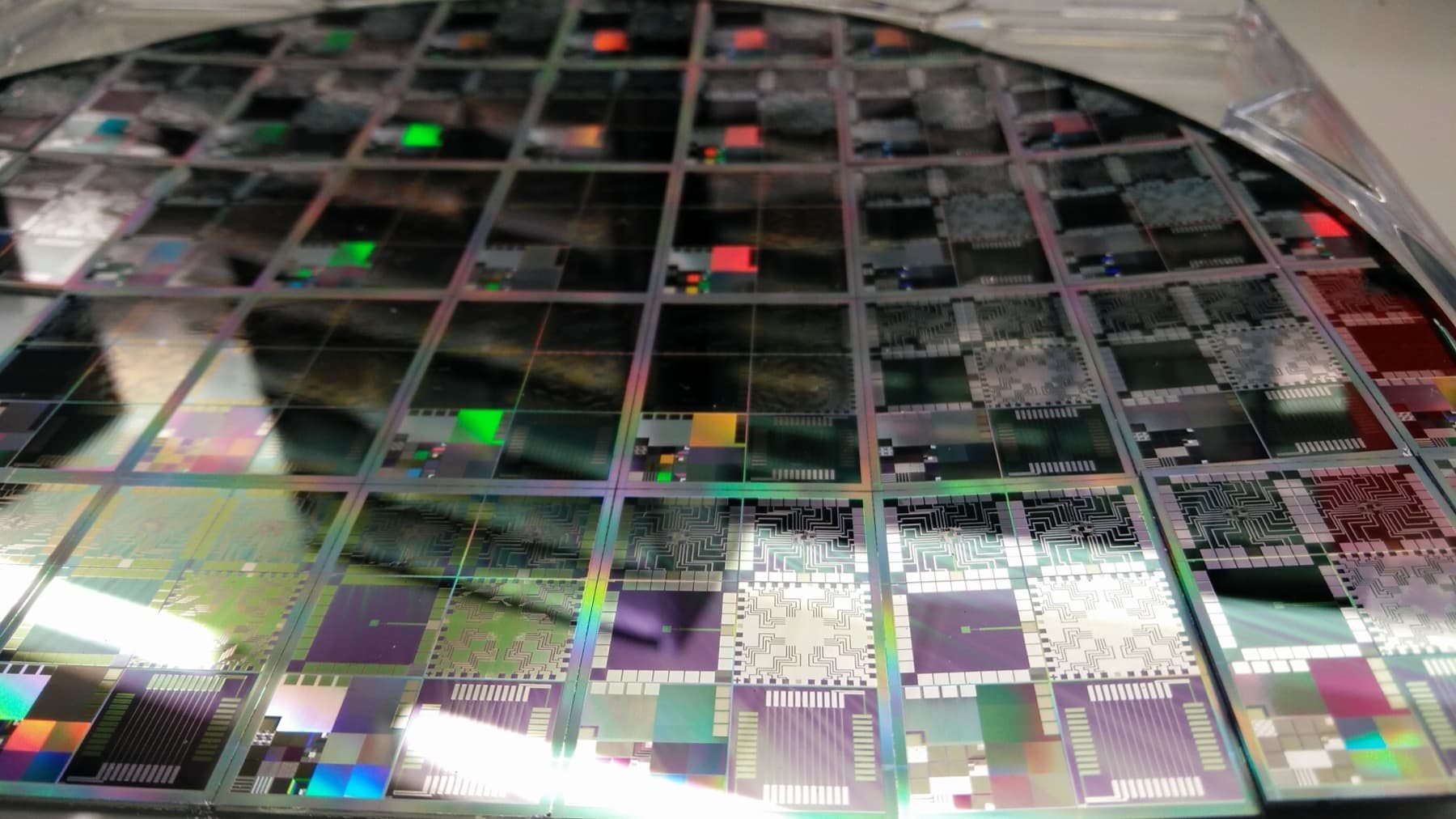 A semiconductor wafer photographed close up